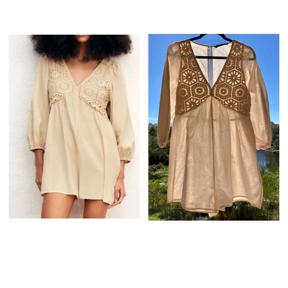 ZARA Crochet Embroidered Romper Short Jumpsuit Cream Ecru Size S